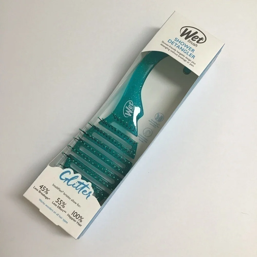 Wet Brush Shower Detangler GREEN GLITTER IntelliFlex Bristles Hanger Beach NEW